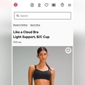 Lululemon Like a Cloud Bra in Black, XS/S